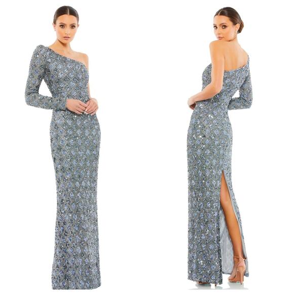 NWT Mac Duggal 5479 Blue Grey One Sleeve Sequin Maxi Dress Gown 8 - Picture 1 of 5